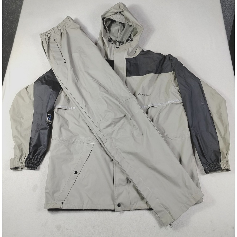 Eddie Bauer Waterproof Jacket Pants Set Mens XL Beige Rain Hooded Hiking 2 Piece